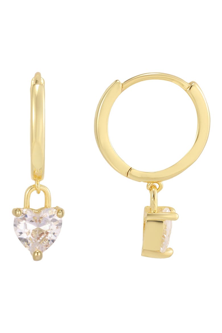 Cubic Zirconia Heart Dangle Huggie Hoop Earrings, Main, color, GOLD