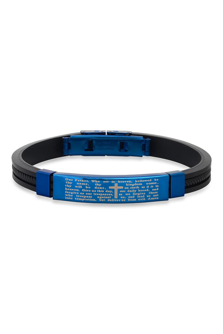 Men's Blue IP Stainless Steel Lord's Prayer Black Rubber Bracelet, Main, color, BLUE/BLACK