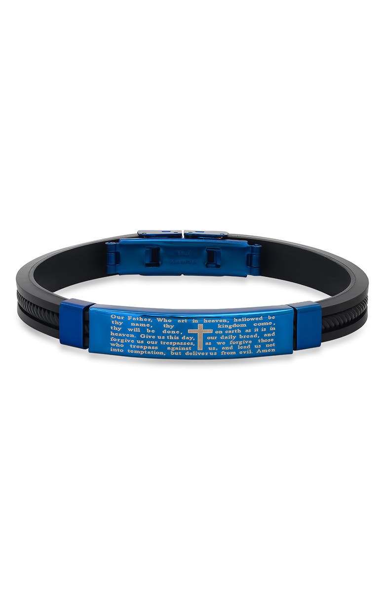 HMY JEWELRY Men's Blue IP Stainless Steel Lord's Prayer Black Rubber Bracelet, Main, color, Blue/Black