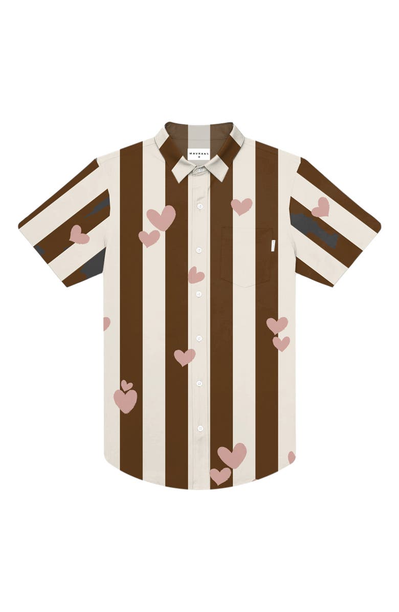 MAVRANS Hearts Stripe Short Sleeve Performance Button-Up Shirt, Main, color, Pink/Brown