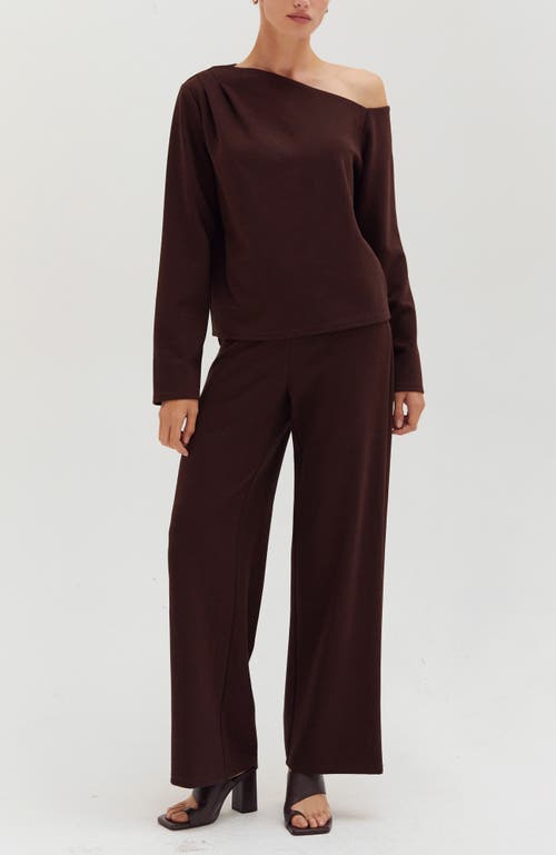 Crescent One Shoulder Top & Flowy Pants Two Piece Set In Brown