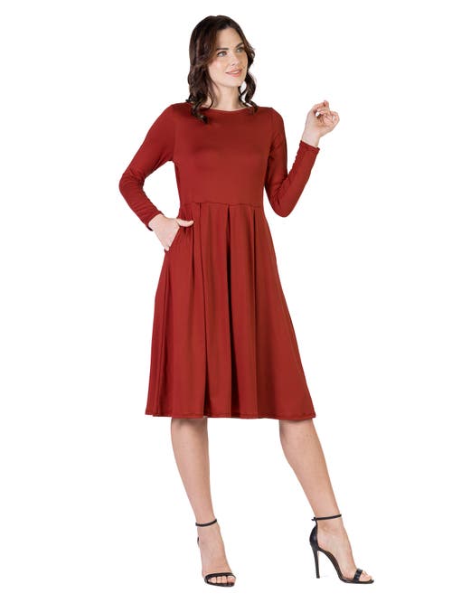 24seven Comfort Apparel Midi Length Fit N Flare Pocket Dress In Red
