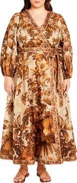 City Chic The Maddie Print Long Sleeve Wrap Maxi Dress