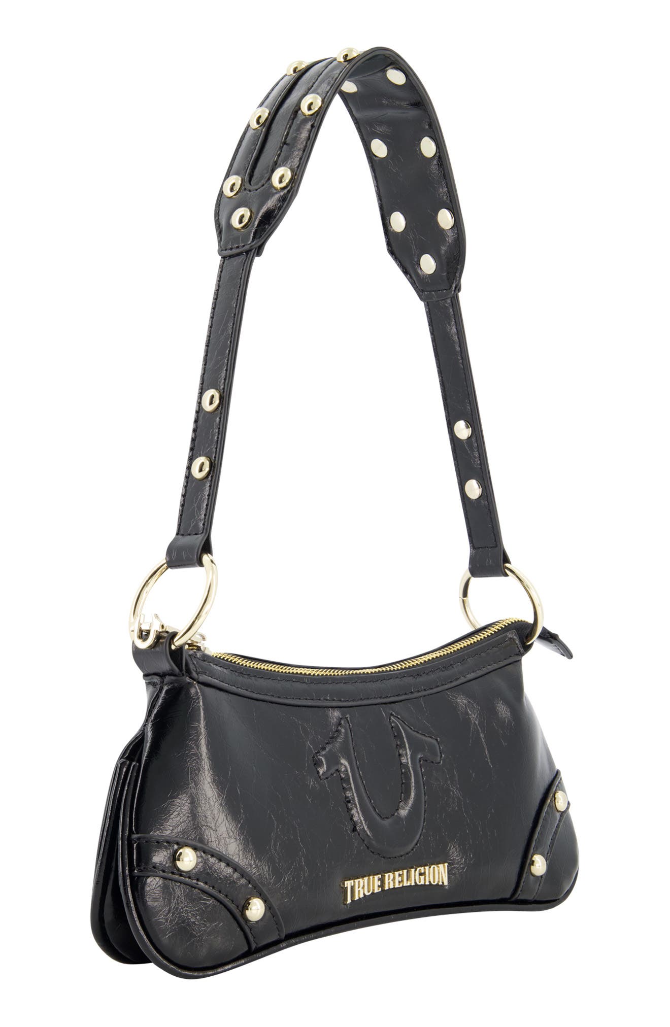 True Religion Studded Horseshoe Shoulder Bag, Alternate, color, Black