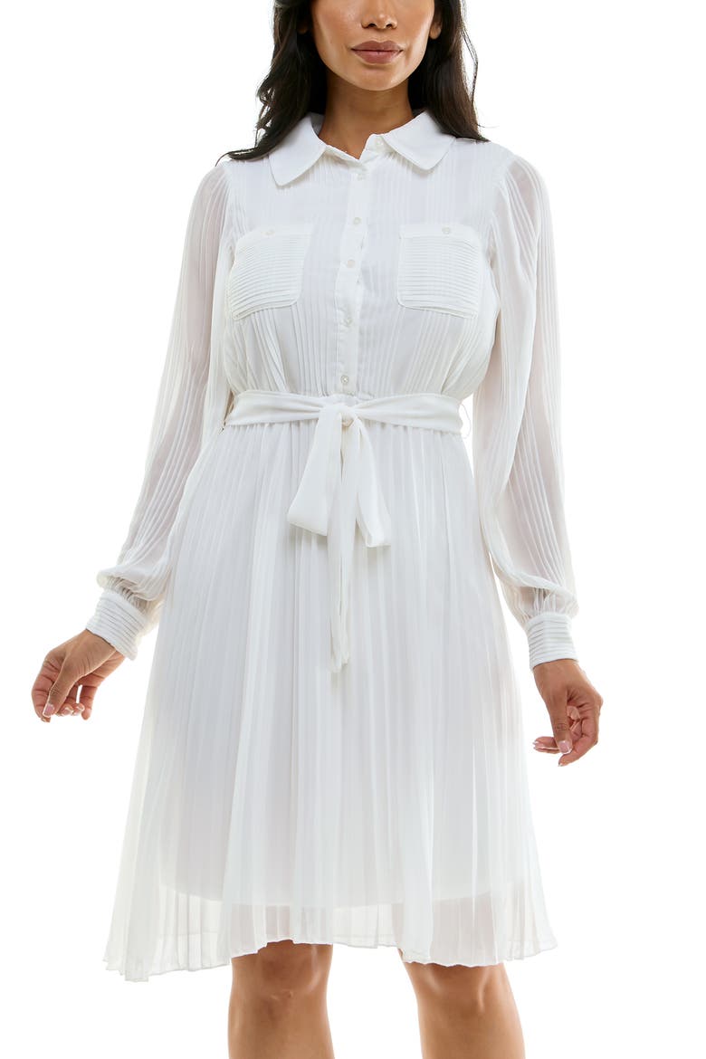 Long Sleeve Pleated Shirtdress, Alternate, color, IVORY