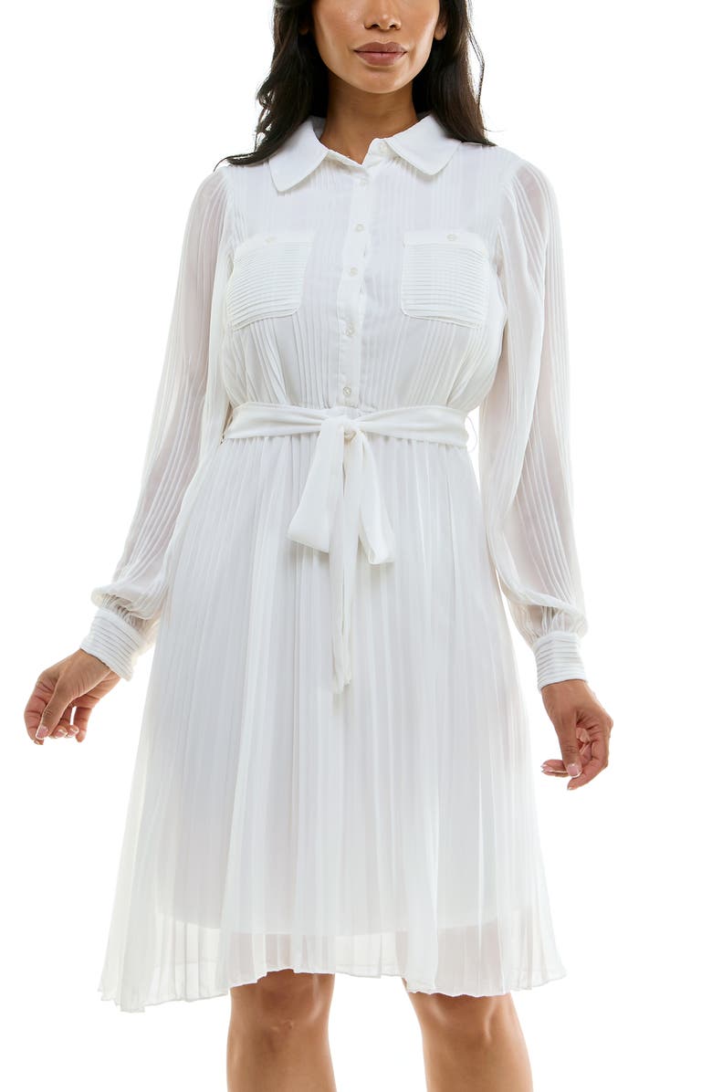 Nina Leonard Long Sleeve Pleated Shirtdress, Alternate, color, Ivory