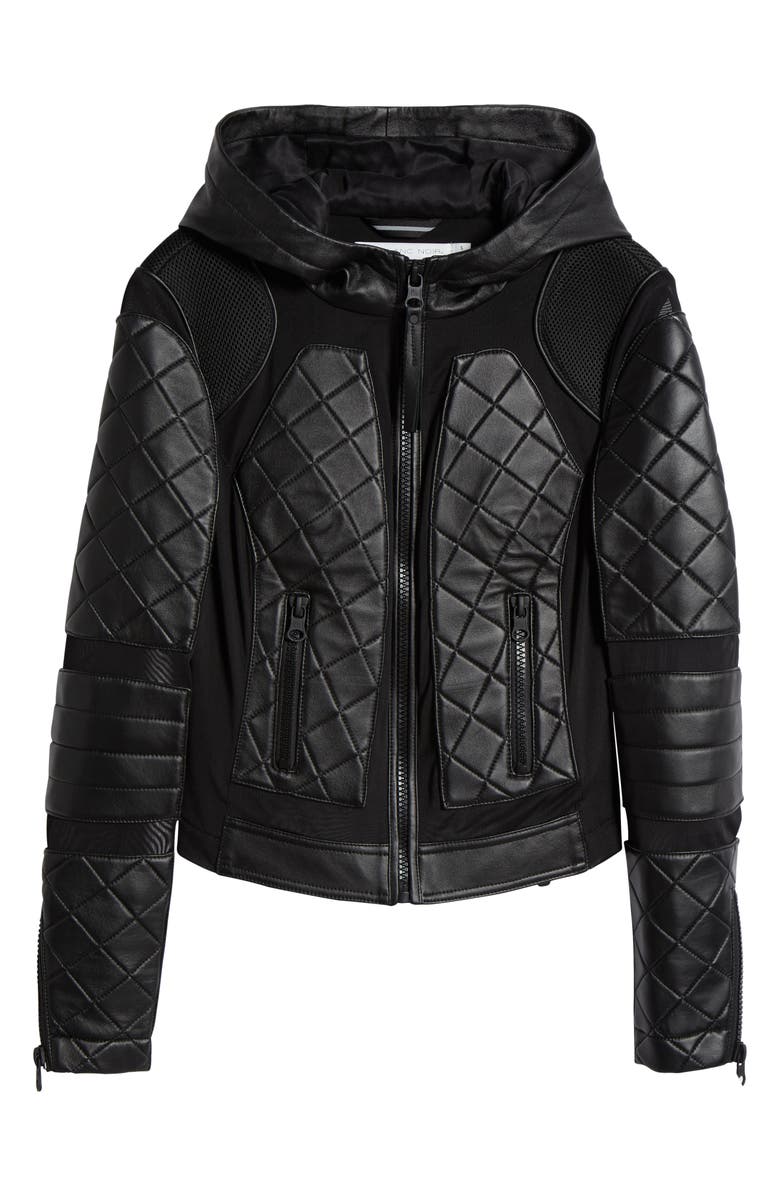 Blanc Noir Leather & Mesh Hooded Moto Jacket, Alternate, color,