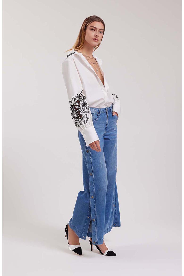 Women's Shirt  Leonie White Long Sleeve Cotton Poplin Shirt With Black Embroidered Flowers, Alternate, color, Black/White