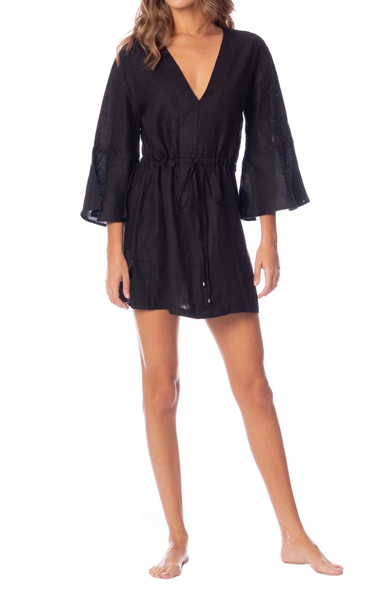 Maaji Jade Joy Bell Sleeve Linen Cover-Up Minidress, Main, color, Black