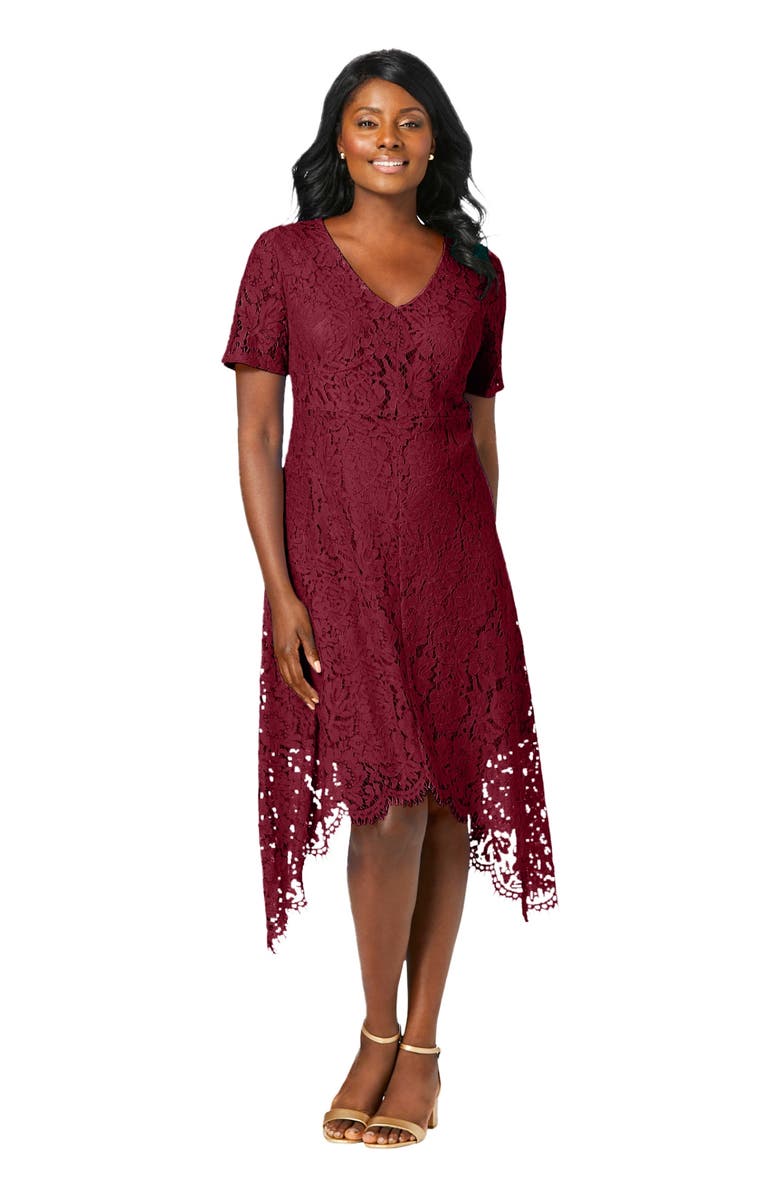 Jessica London Lace Handkerchief Dress, Main, color, Rich Burgundy