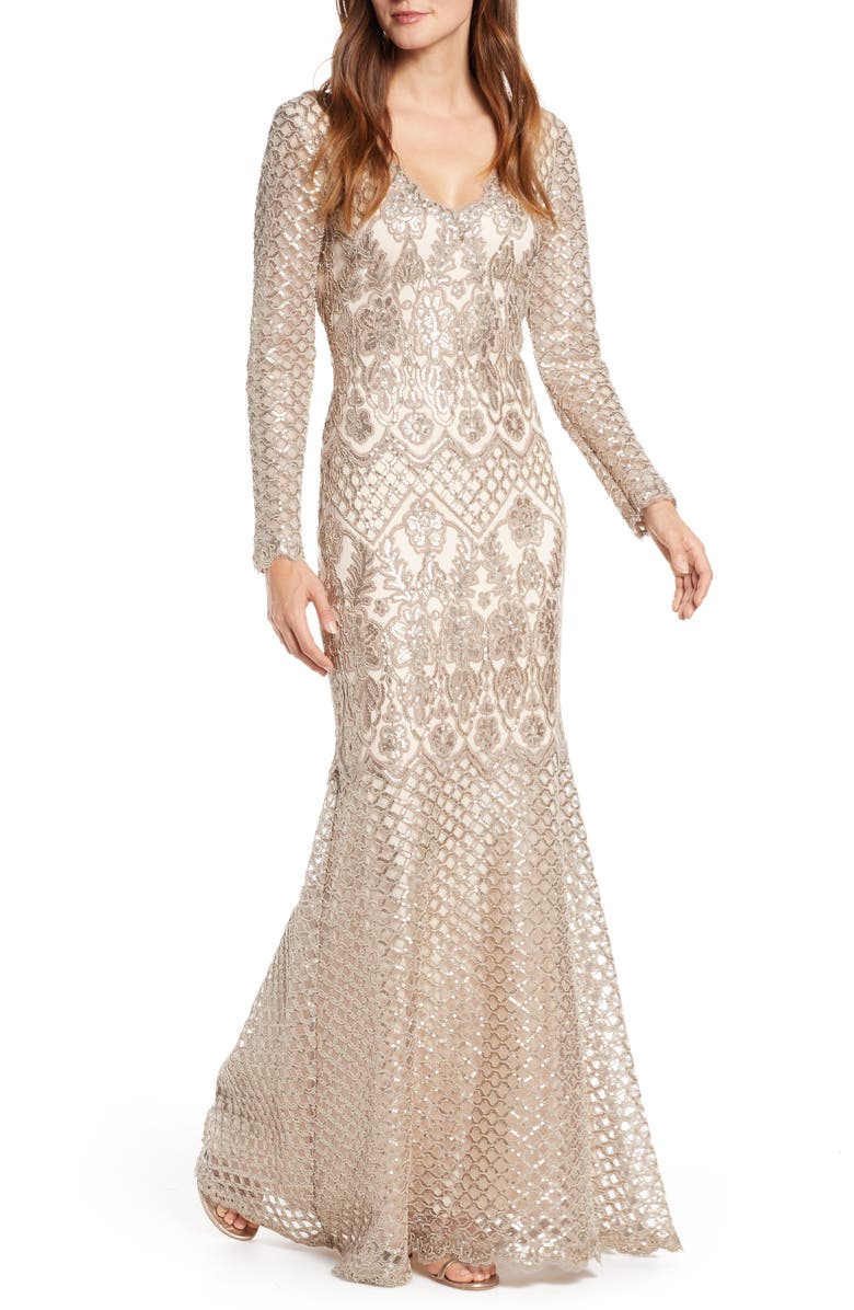 Tadashi Shoji Sequin Lace Long Sleeve Trumpet Gown, Main, color,