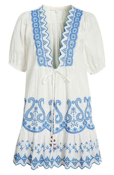 Angelina Embroidered Tie Front Cotton Cover-Up Dress