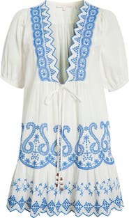 Ramy Brook Angelina Embroidered Tie Front Cotton Cover-Up Dress