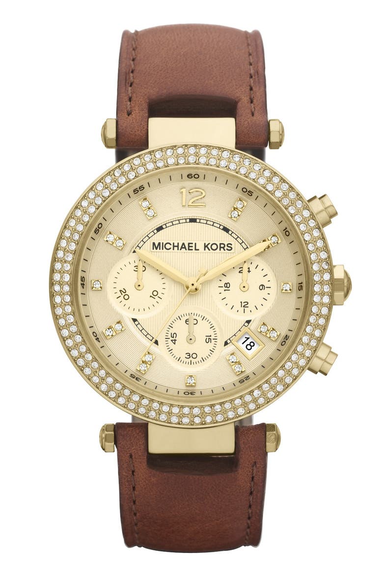Michael Kors 'Parker' Chronograph Leather Watch, 39mm, Alternate, color, BROWN