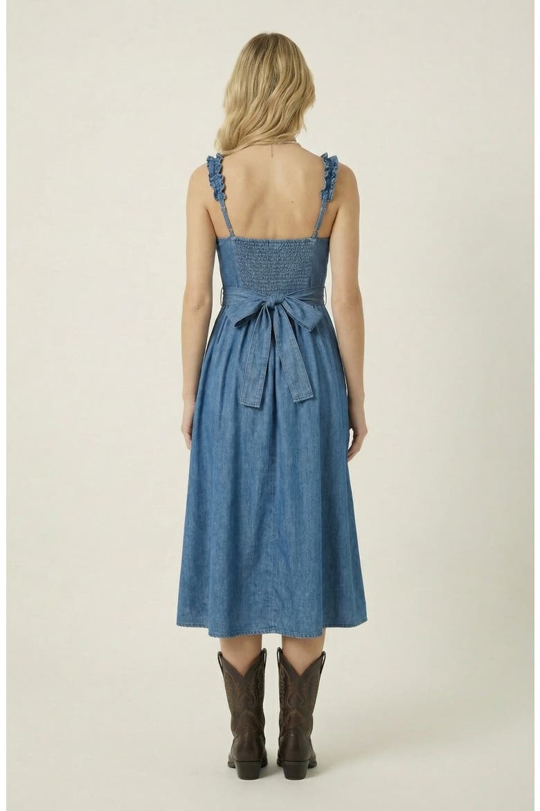 Smocked Bodice Midi Dress with Ruffled Straps, Alternate, color, Medium Wash Blue