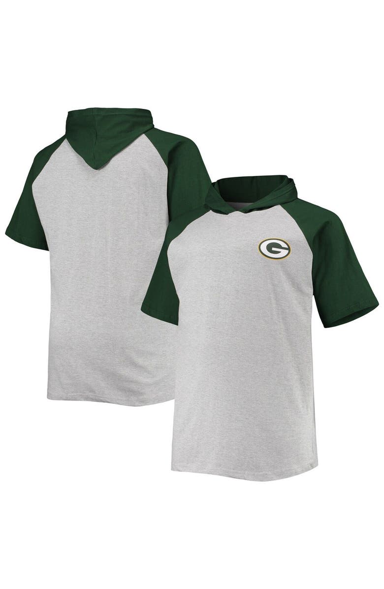 PROFILE Men's Heathered Gray/Green Green Bay Packers Big & Tall Raglan Short Sleeve Pullover Hoodie, Main, color, 