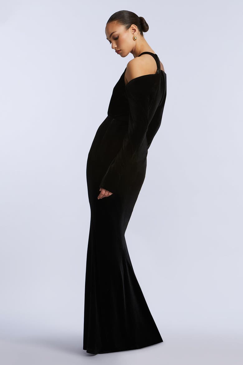 Long Sleeve Halter Velvet Gown, Alternate, color, Black