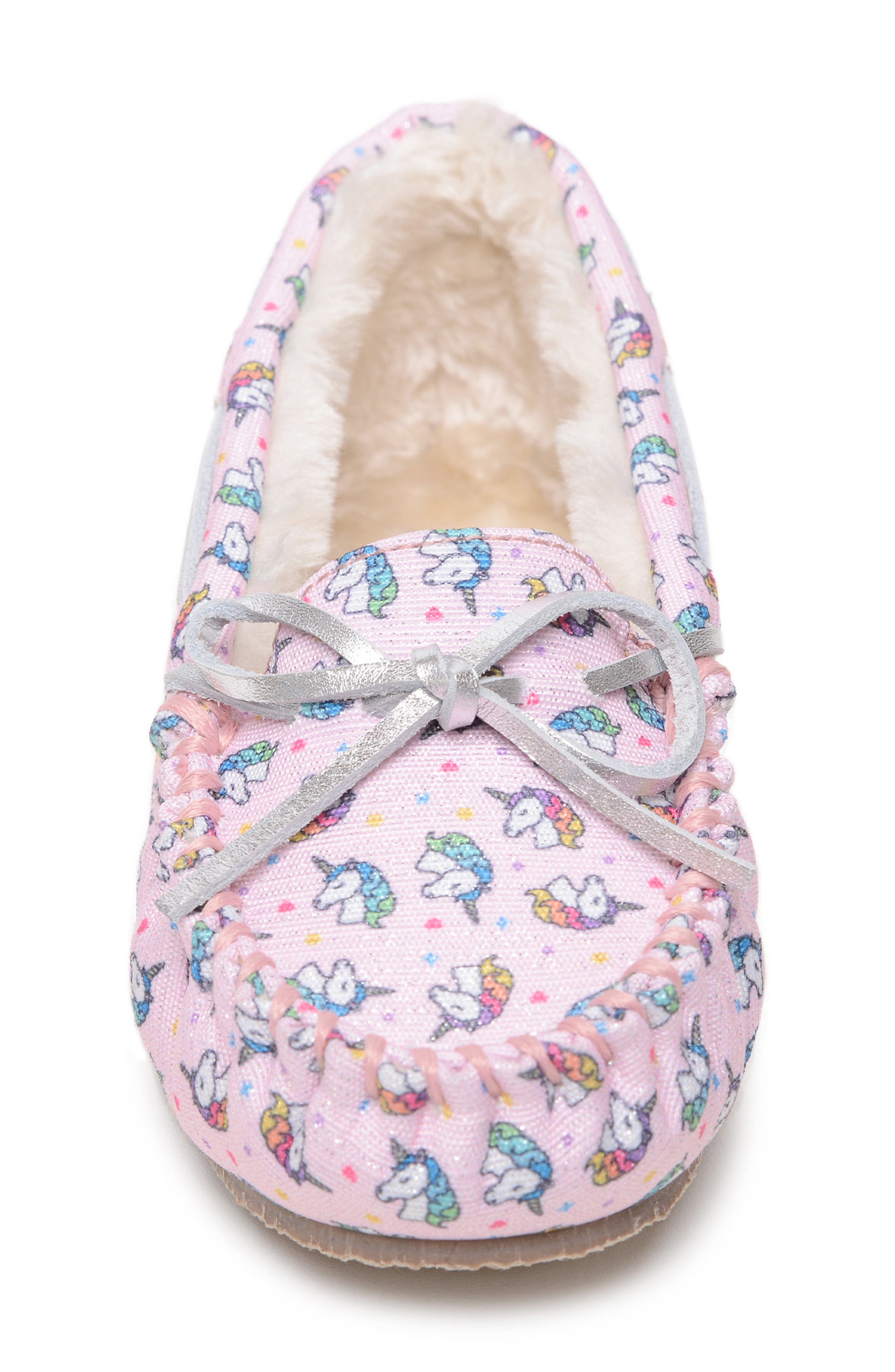 Minnetonka Unicorn Faux Fur Lined Driving Shoe, Alternate, color, Pink Unicorn