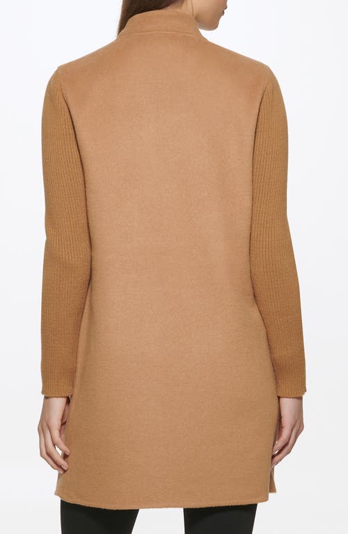Kenneth Cole Ribbed Sleeve Wool Blend Coat In Brown