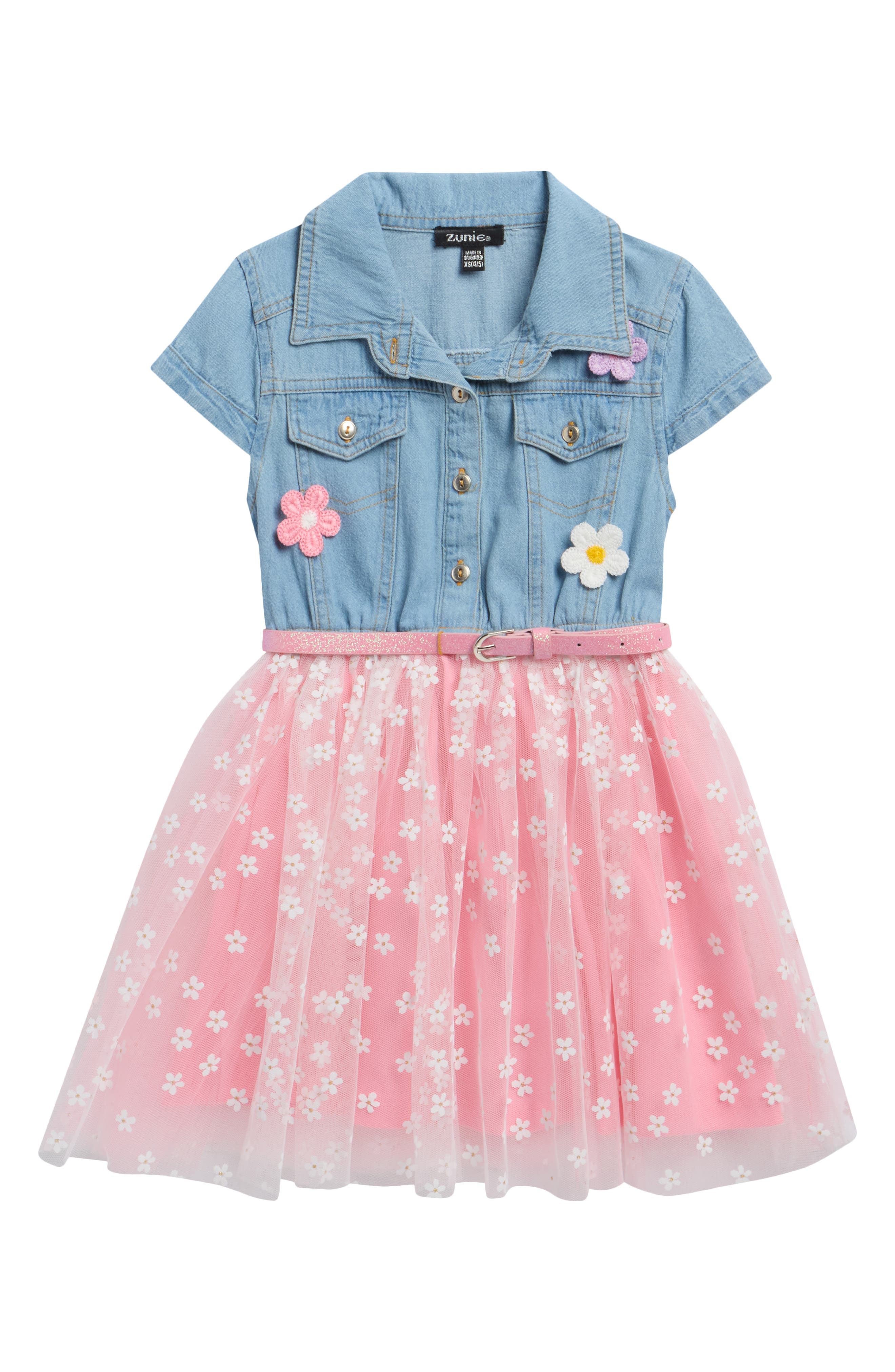Zunie Kids' Flower Appliqué Denim Tutu Dress