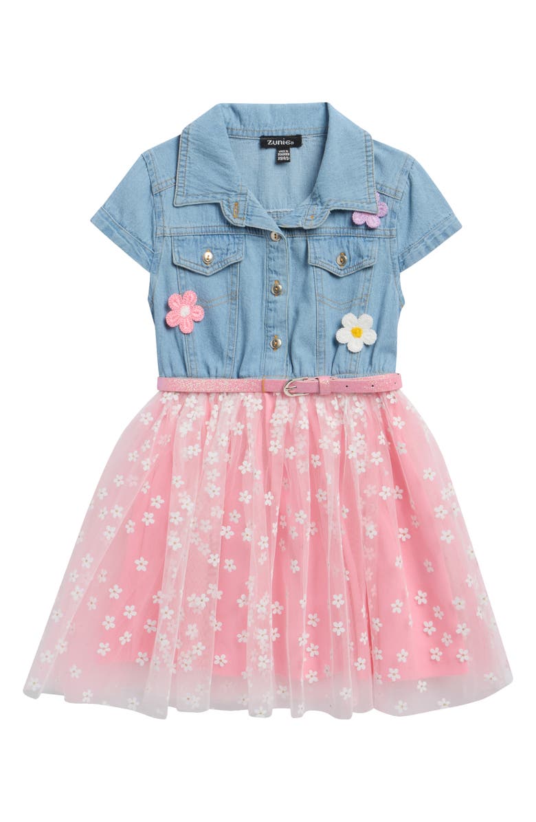 Zunie Kids' Flower Appliqué Denim Tutu Dress, Main, color, 