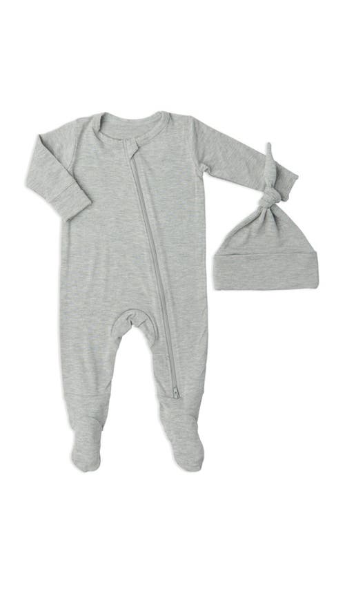 Everly Grey Jersey Long Sleeve Footie & Hat Set in Heather Grey Solid 