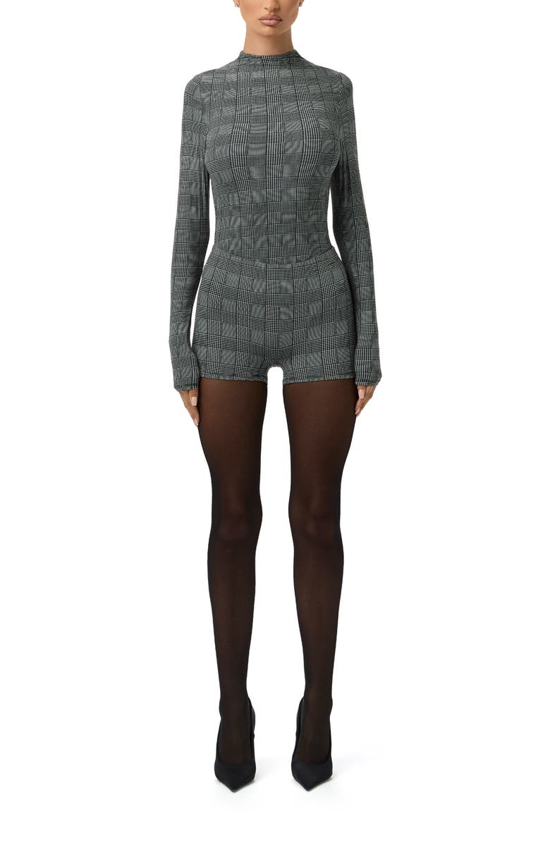 Naked Wardrobe Naked Snakeskin Print Long Sleeve Bodysuit, Alternate, color, Houndstooth Plaid