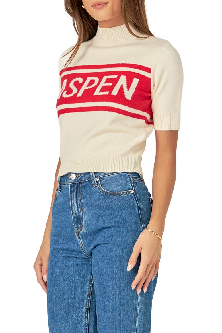 Motif Short Sleeve Sweater, Alternate, color, CREAM/ RED