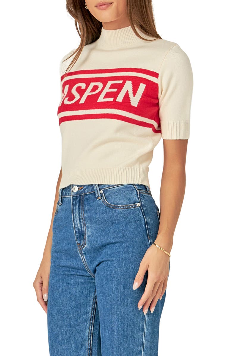 English Factory Motif Short Sleeve Sweater, Alternate, color, Cream/ Red