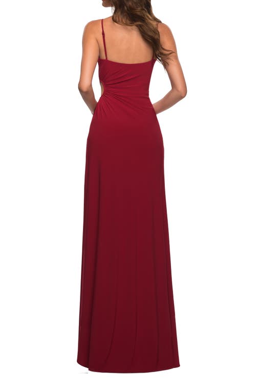 La Femme Cross Back Satin Jersey Trumpet Gown In Deep Red