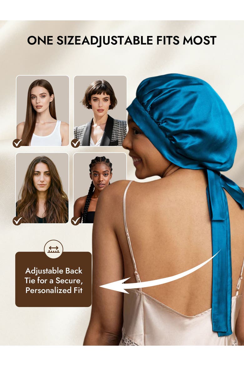Women's Mulberry Silk Bonnet with Long Ribbons, Alternate, color, Teal