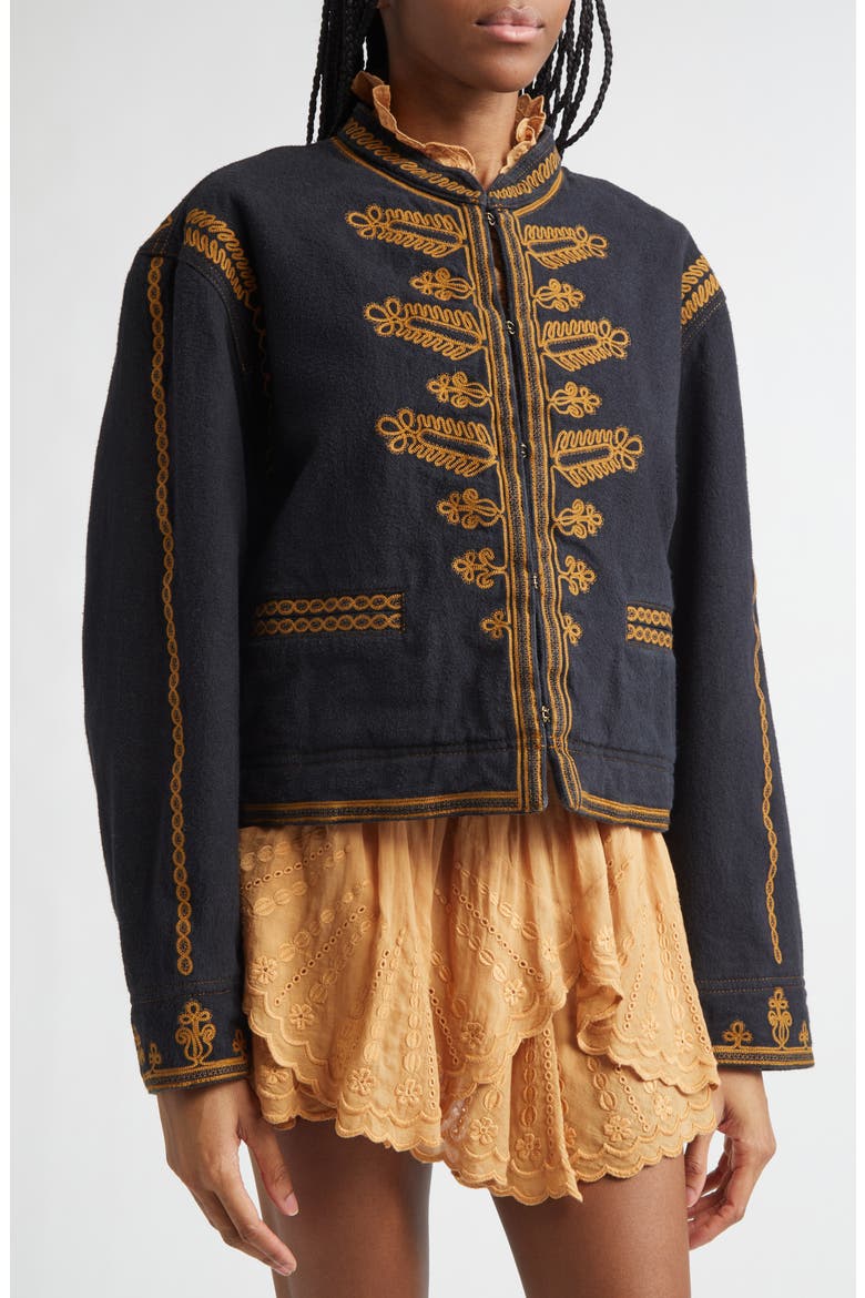 Emalia Embroidered Cotton Jacket, Alternate, color, BLACK