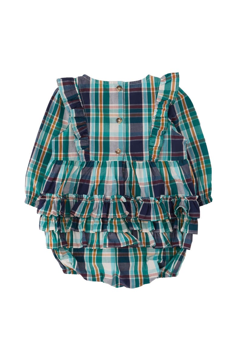 Woven Long Sleeve Waterfall Bow Bubble Romper, Alternate, color, Forrest Plaid
