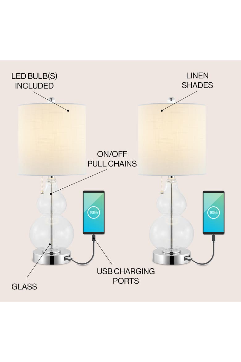 Cora 22" Classic Vintage Glass LED Table Lamp with USB Charging Port, Alternate, color, Chrome/Clear