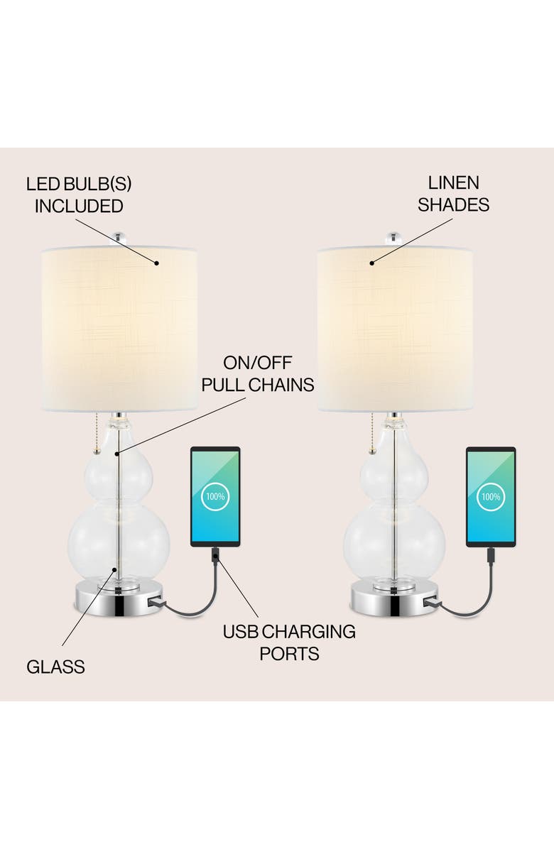 JONATHAN Y Cora 22" Classic Vintage Glass LED Table Lamp with USB Charging Port, Alternate, color, Chrome/Clear