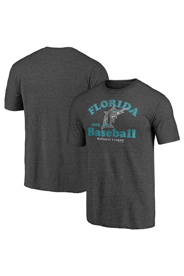 Men's Fanatics Branded Heathered Charcoal Florida Marlins Cooperstown Collection True Classics Tri-Blend T-Shirt, Main, color, Heather Charcoal
