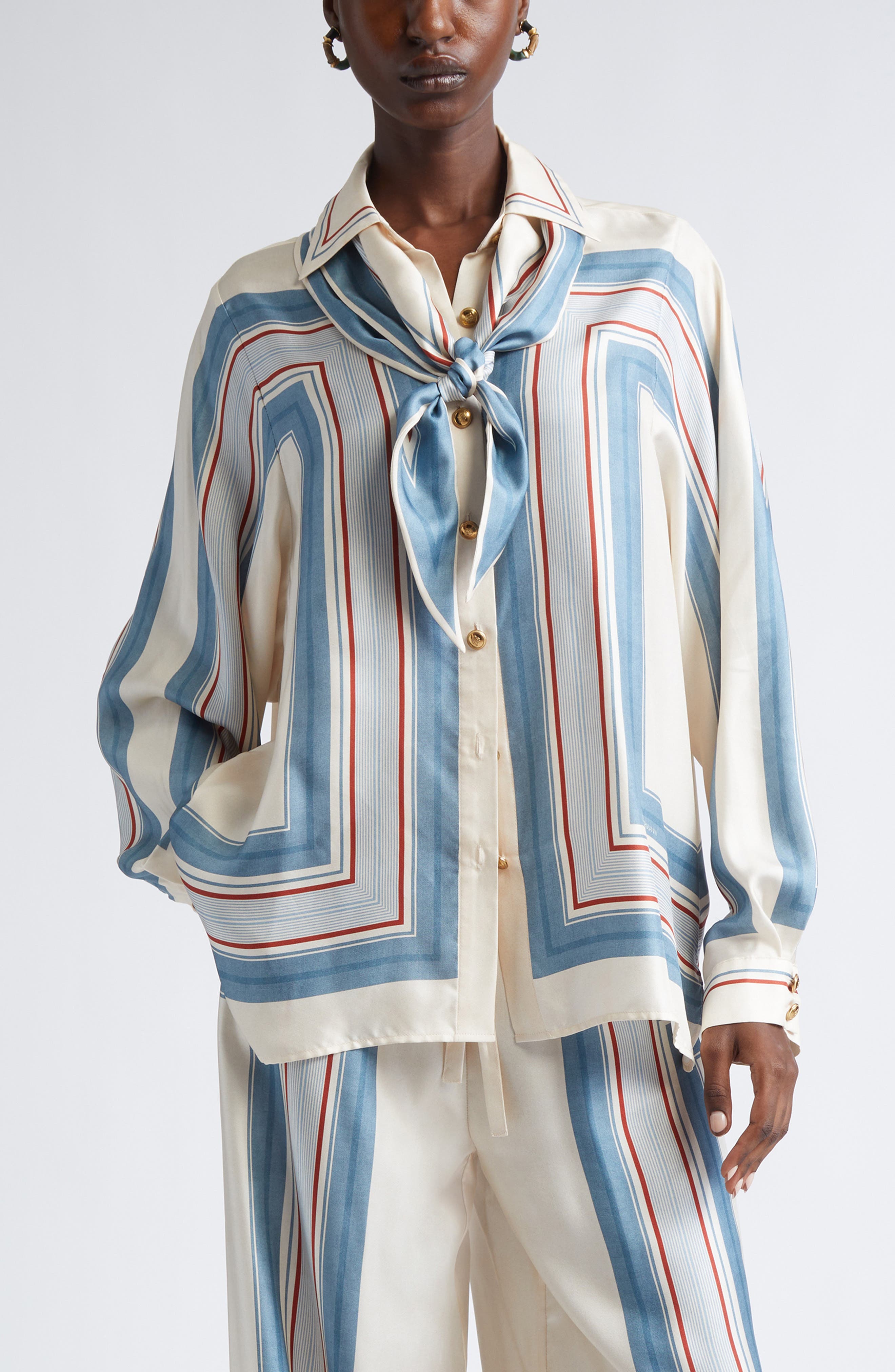 Relaxed Stripe Silk Button-Up Shirt with Removable Scarf (Women