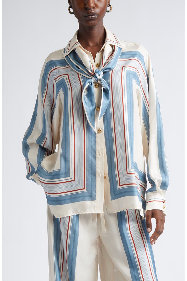 Relaxed Stripe Silk Button-Up Shirt with Removable Scarf (Women