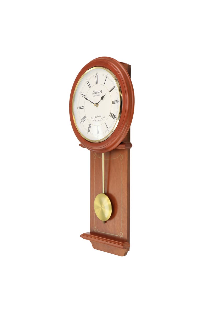 Bedford Clock Collection Olivia 24.5in Cherry Wood Chiming Pendulum Wall Clock, Alternate, color, Cherry Oak