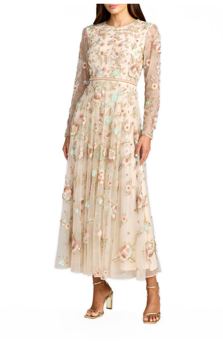 Mac Duggal Floral Embellished Long Sleeve Mesh Midi Dress, Main, color, Beige Multi