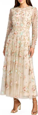 Mac Duggal Floral Embellished Long Sleeve Mesh Midi Dress