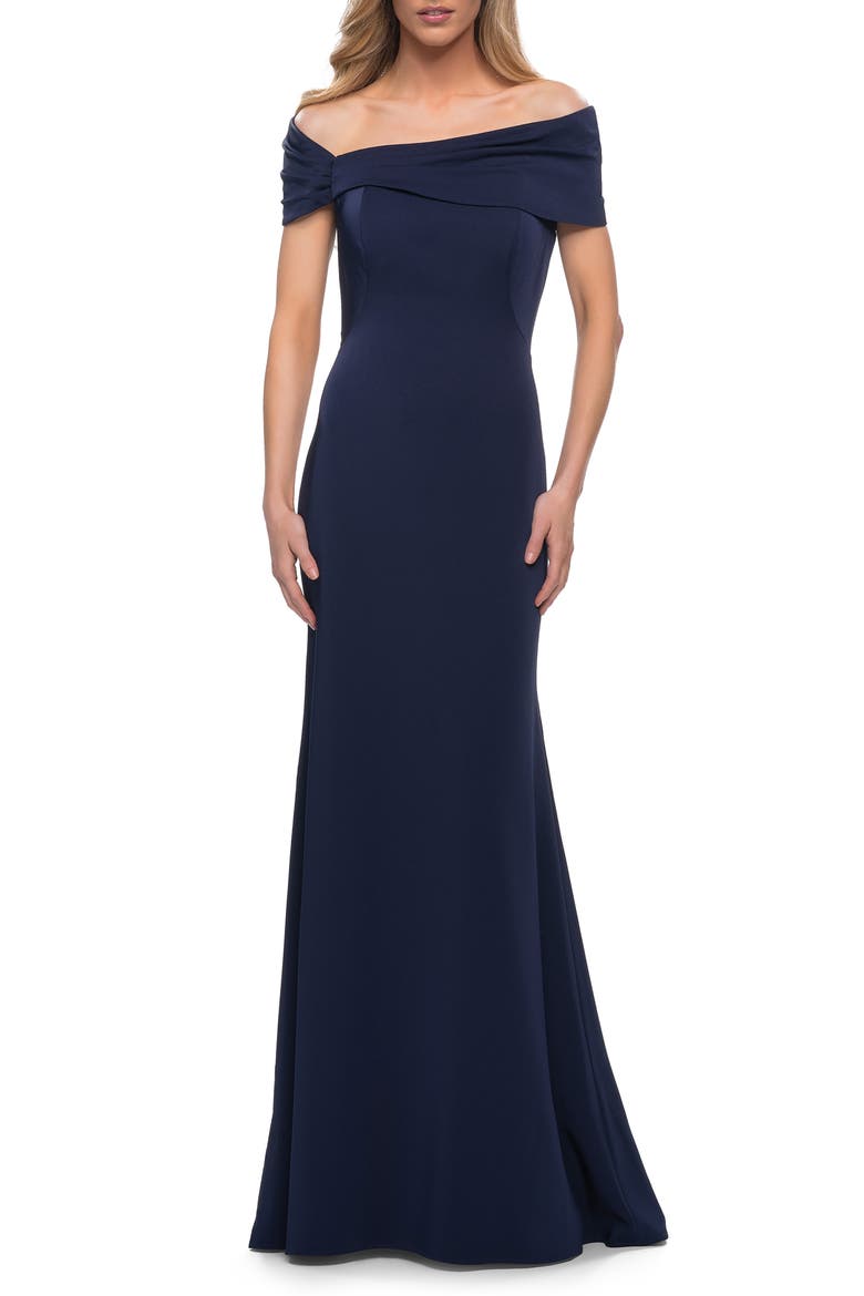Simply Chic Off the Shoulder Jersey Gown, Main, color, NAVY
