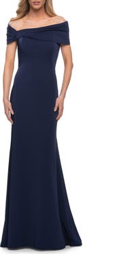La Femme Simply Chic Off the Shoulder Jersey Gown