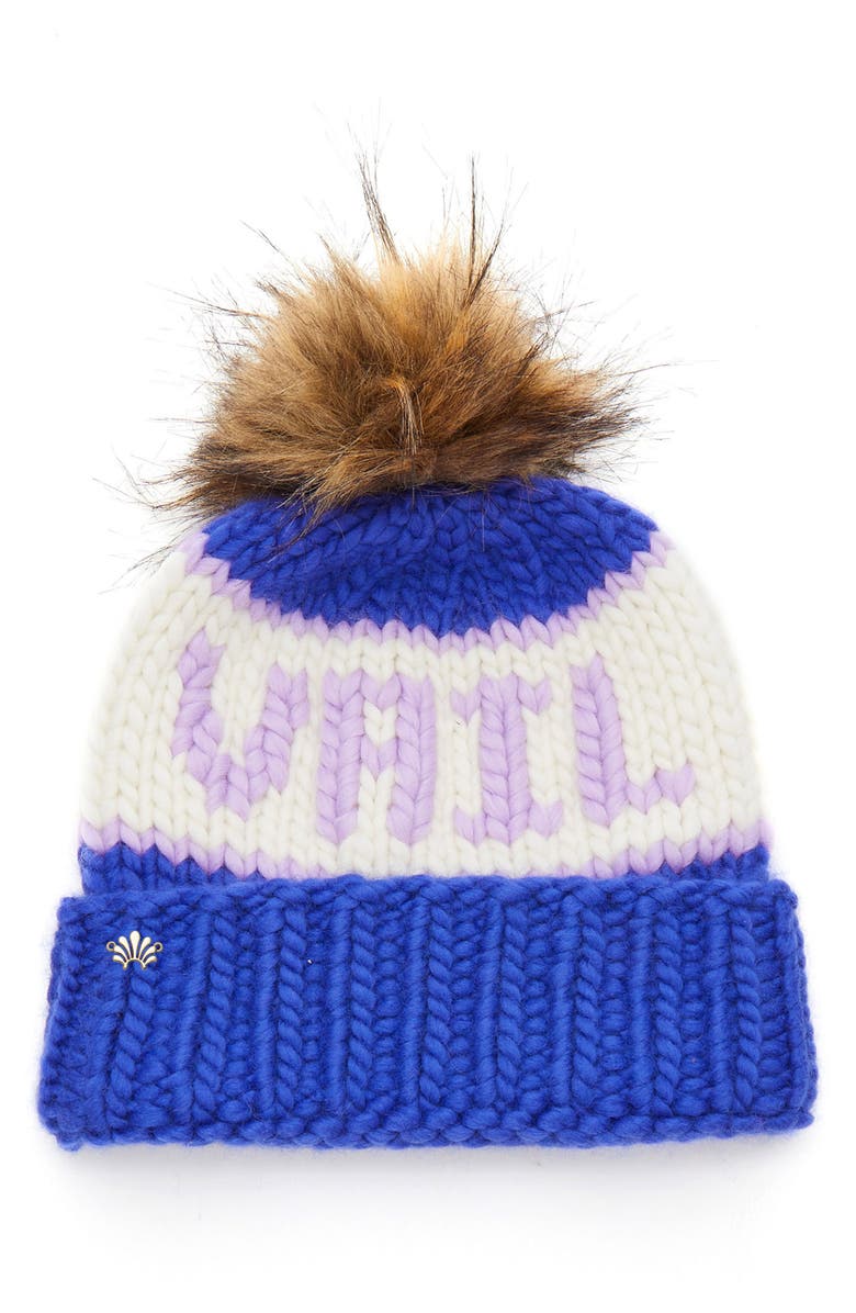 Lele Sadoughi Vail Faux Fur Pompom Merino Wool Beanie, Main, color, Arctic Lavender