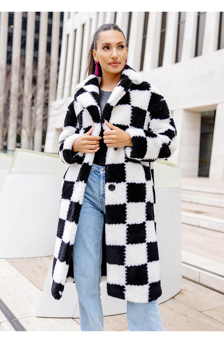 DONNA SALYERS FABULOUS FURS Checkmate High Pile Fleece Longline Coat, Alternate, color, Multi