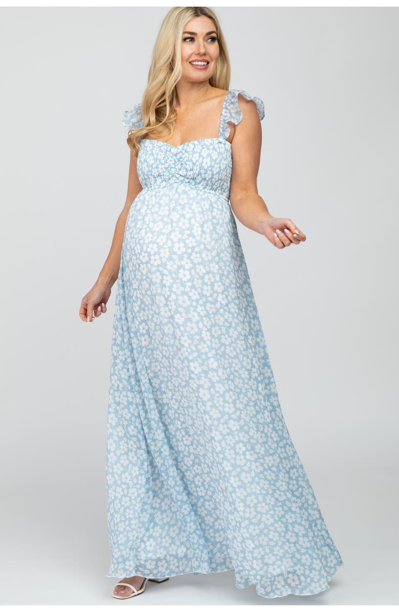 PinkBlush Floral Chiffon Sweetheart Neck Off Shoulder Maxi Dress, Main, color, Light Blue