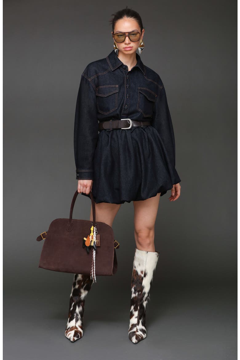 Long Sleeve Bubble Hem Denim Mini Shirtdress, Alternate, color, DARK RINSE