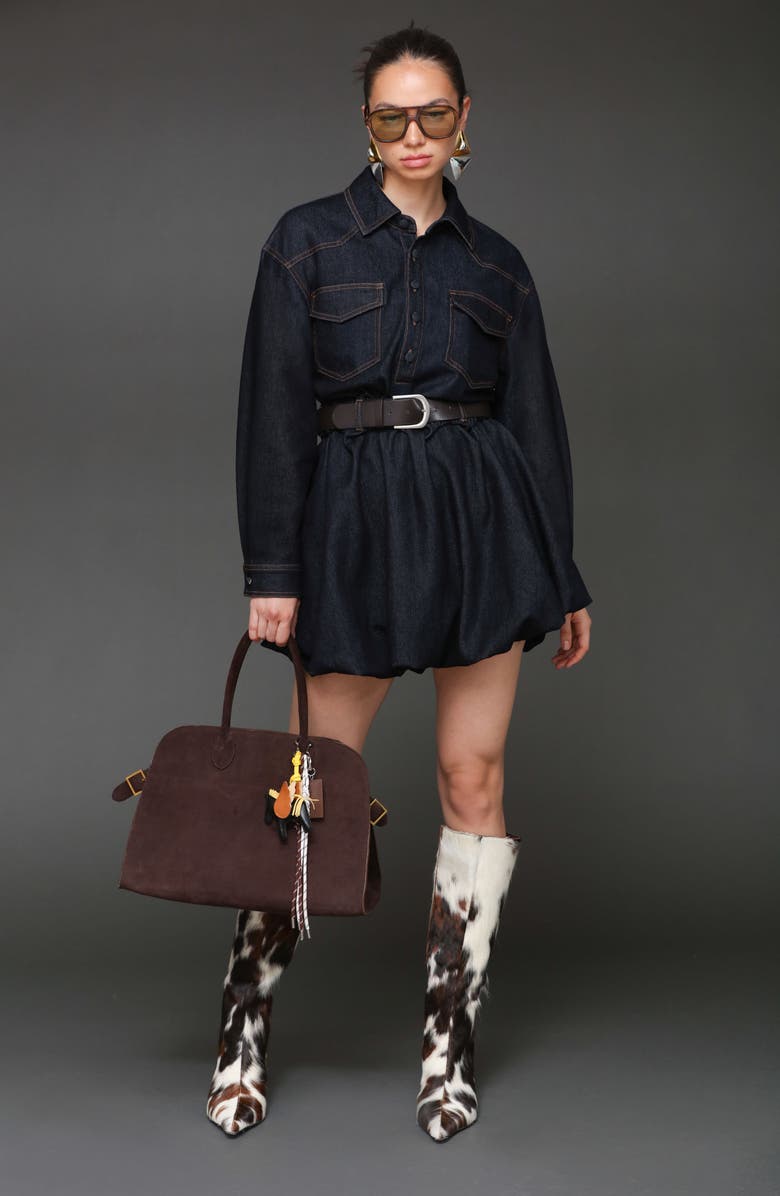 Avec Les Filles Long Sleeve Bubble Hem Denim Mini Shirtdress, Alternate, color, Dark Rinse