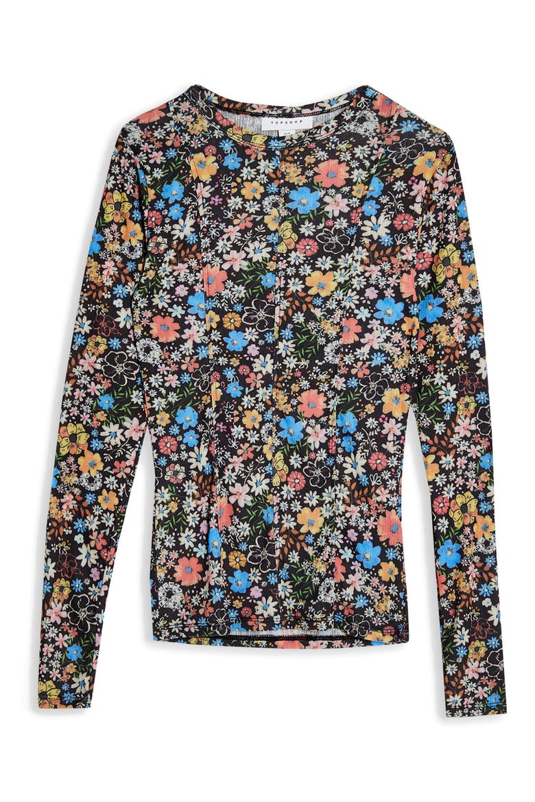Flower Print Mesh Long Sleeve T-Shirt, Main, color, BLACK MULTI