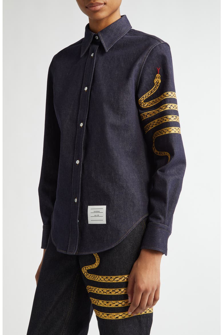 Lunar New Year Snake 4-Bar Denim Button-Up Shirt, Alternate, color, BLUE